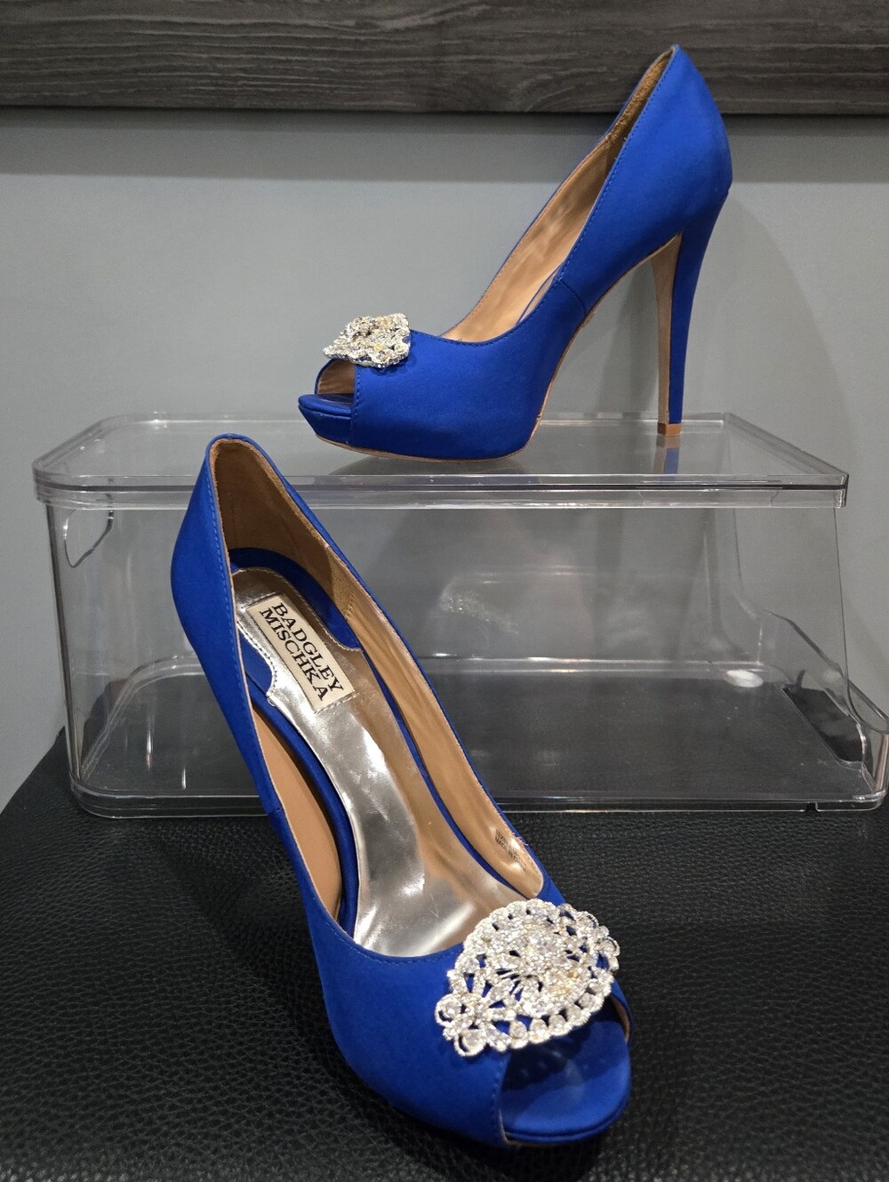 Badgley Mischka Jeannie Blue Satin Crystal Peep Toe Platform Heels